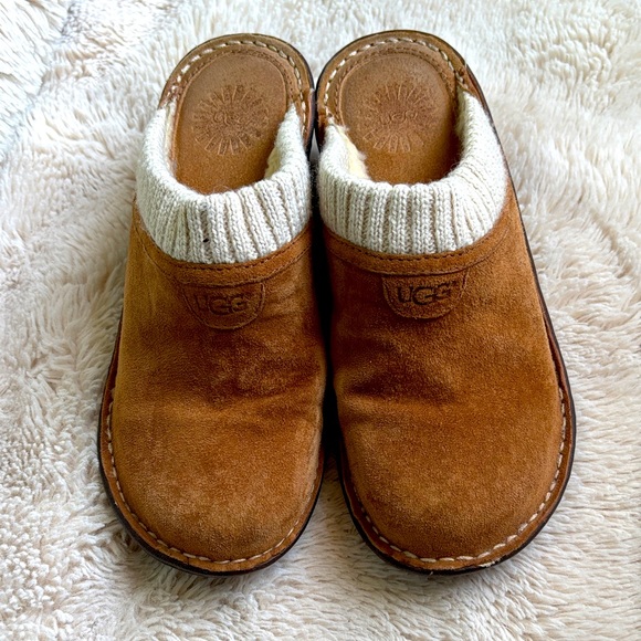 UGG Australia Gael mule clogs Suede Knit-Trim chestnut size 7 - Picture 1 of 7